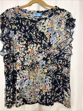 CeCe Navy Floral Ruffle Sleeve Blouse